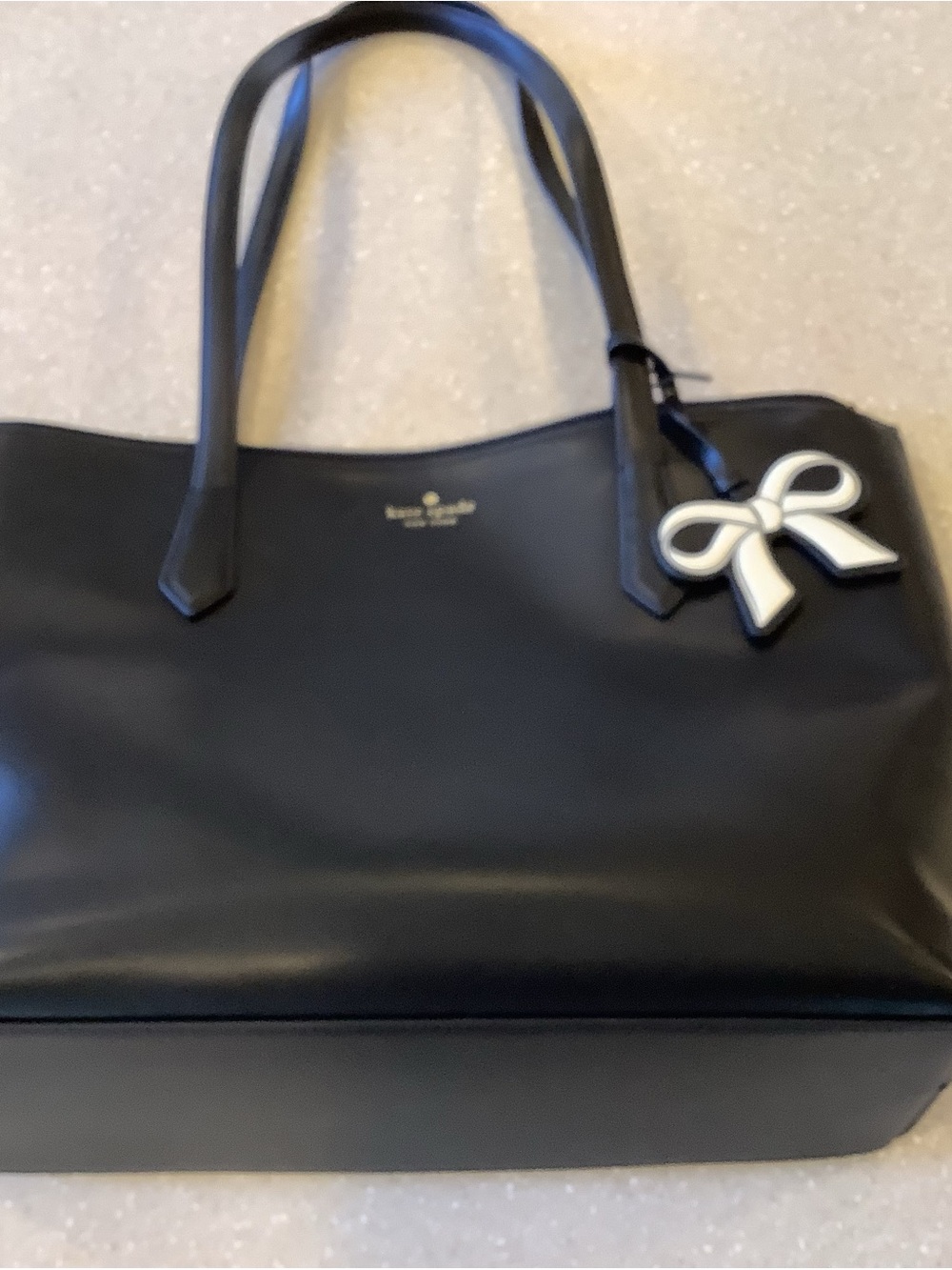 kate spade Cassy Black Leather Tote Shoulder Bag Purse with White Bow Charm NEW